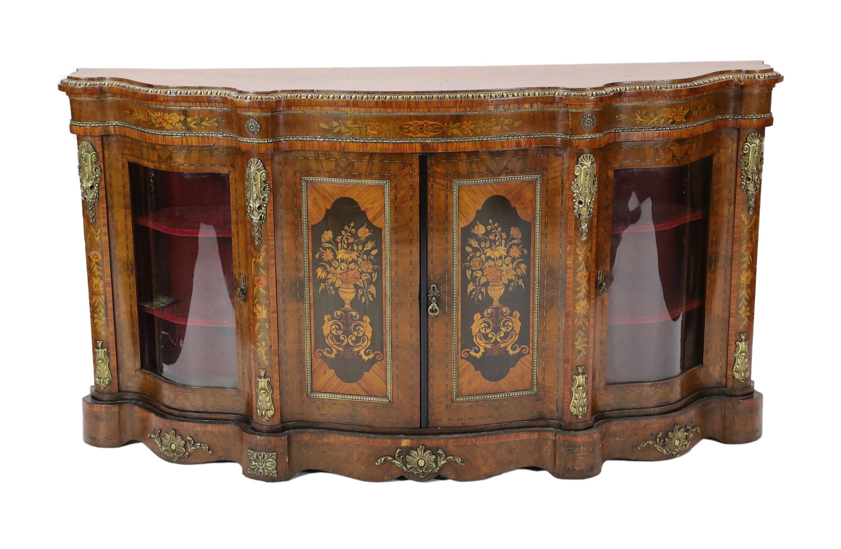 A Victorian marquetry inlaid walnut serpentine front credenza, W.200cm D.47cm H.110cm